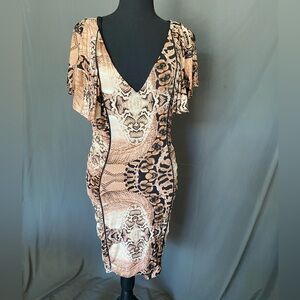 Vintage Bebe Addiction animal/snake skin print v neck rouched dress